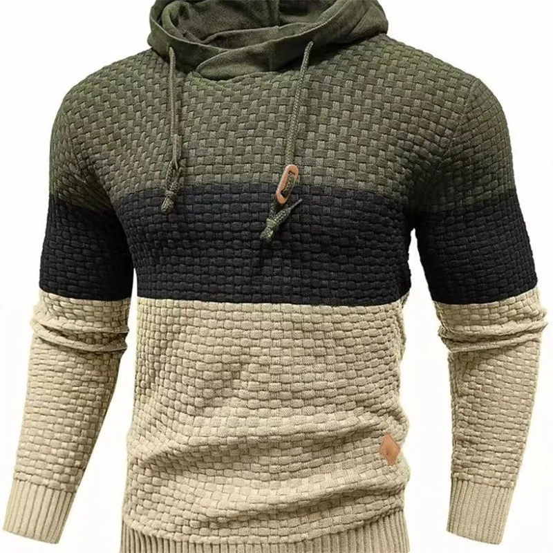 Men Casual Hooded Sweater Color Block Waffle Knit Long Sleeve Pullover Hoodie Western Sporty Style Thick Knitwear Top For Men
