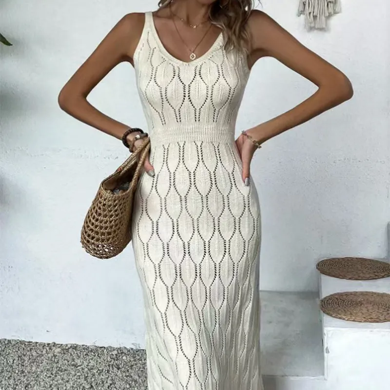 Women Sexy Knitted Beach Dress Sleeveless Hollow Out V-Neck Perspective Maxi Sundress For Seaside Holiday Party Sunscreen Clothing