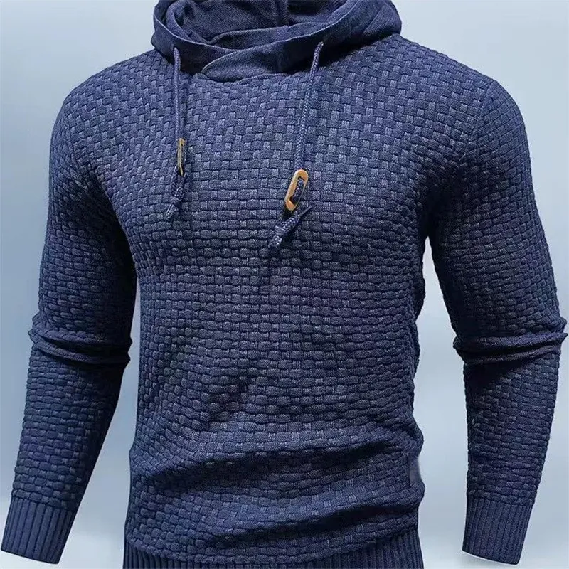 Men's Slim Fit Wool Blend Hooded Sweater Waffle Knit Jacquard Pull-Over Casual Sports Long Sleeve Top Jacket For Winter Autumn