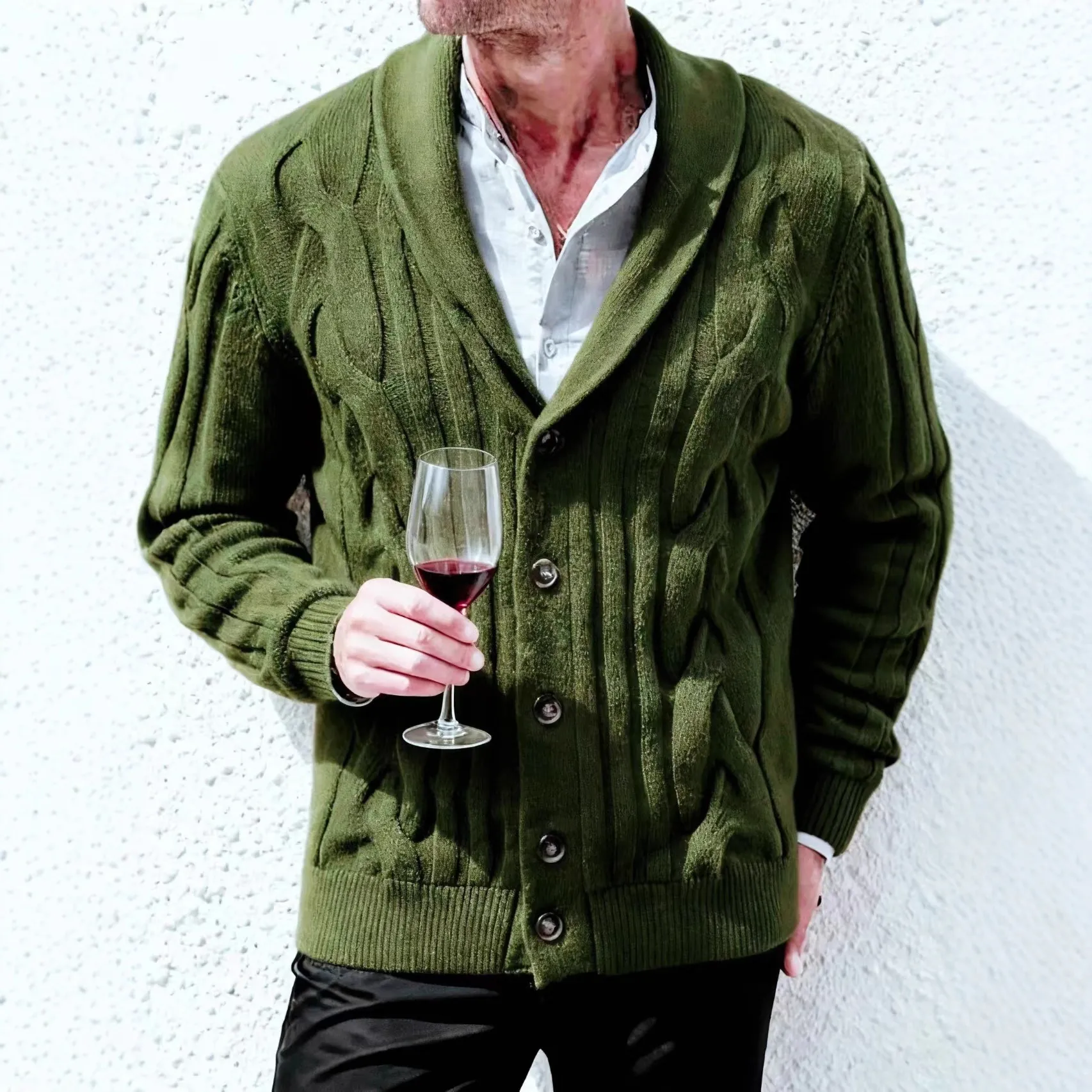 Men's Fashion Shawl Collar Cable Knit Cardigan Sweater Solid Color Long Sleeve Button Up Outerwear Coat for Winter Autumn