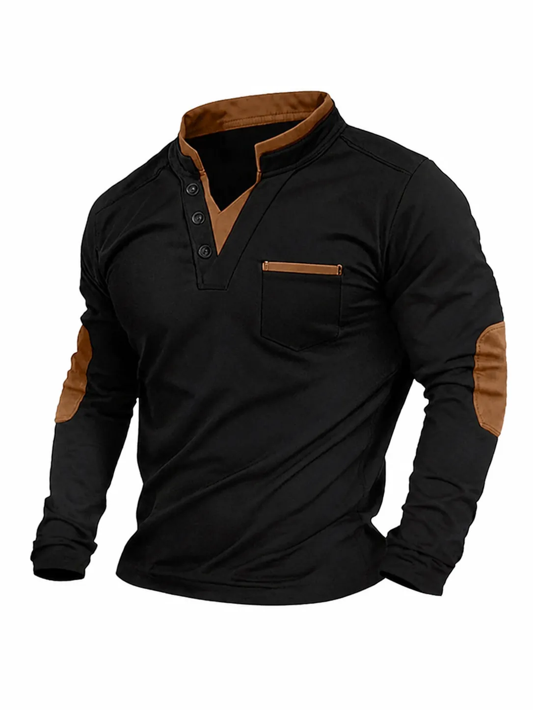 Men's Stand Collar Long Sleeve Sweatshirt Color Block Patchwork Polo Shirt Casual Polyester Top With Chest Pocket For Autumn