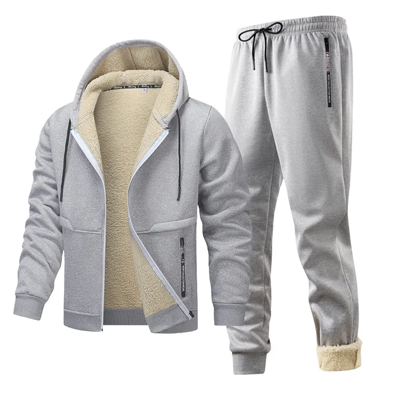 Men Winter Warm Sherpa Lined Tracksuit Hooded Jacket and Pants Casual Thermal Sportswear Top And Bottom Sporty Set