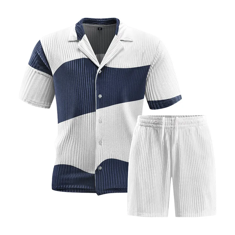 Ανδρικό Casual Καλοκαιρινό Σετ Top And Bottom Polo Με Κυματιστές Ρίγες Κεντητό Μπλούζα Και Σορτς Μόδα Με Κοντό Μανίκι