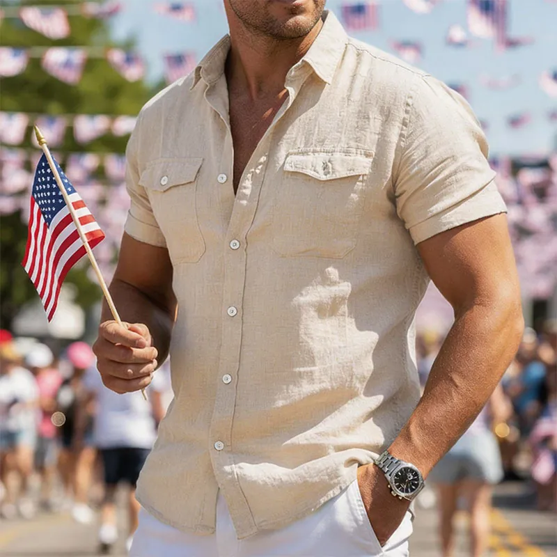 Men Casual Cotton Linen Short Sleeve Shirt Workwear Style Solid Color Top With Multiple Pockets Vintage Summer Button Down Shirt