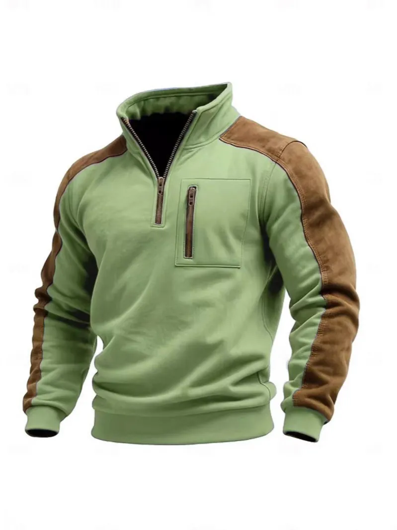 Men Stand Collar Quarter Zip Suede Patchwork Sweatshirt Contrast Color Casual Winter Fleece Warm Jacket Sweatshirt Outerwear