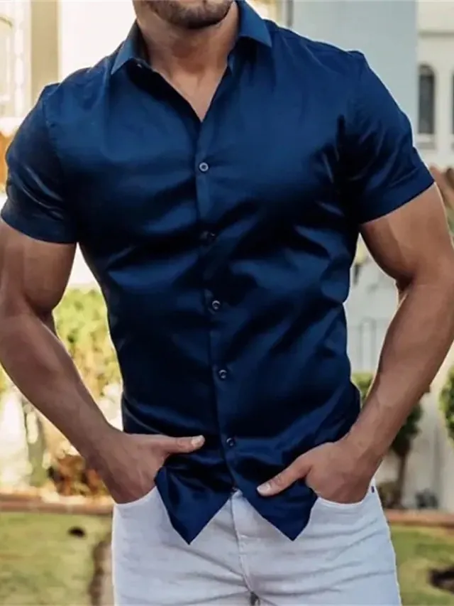 Men's Summer Casual Short Sleeve Shirt Solid Color Button Up Lapel Slim Fit Cotton Blend Fashion Top Daily Casual Wear