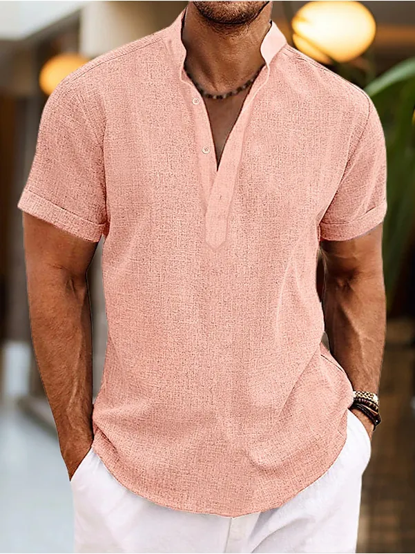 Chemise Décontractée en Mélange de Lin pour Hommes Manches Courtes Col Montant Couleur Unie Respirant Top Henley pour Vacances Été