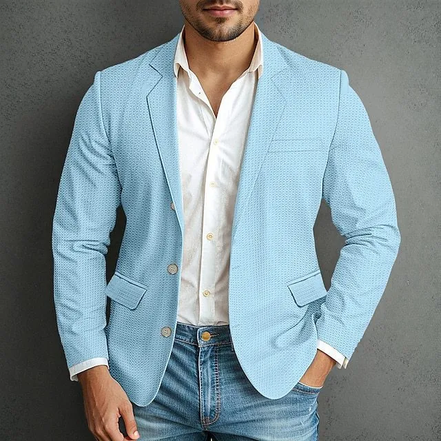 Men Casual Blazer Jacket Waffle Texture Cotton Blend Slim Fit Notch Lapel Solid Color Single Breasted Three Button Top