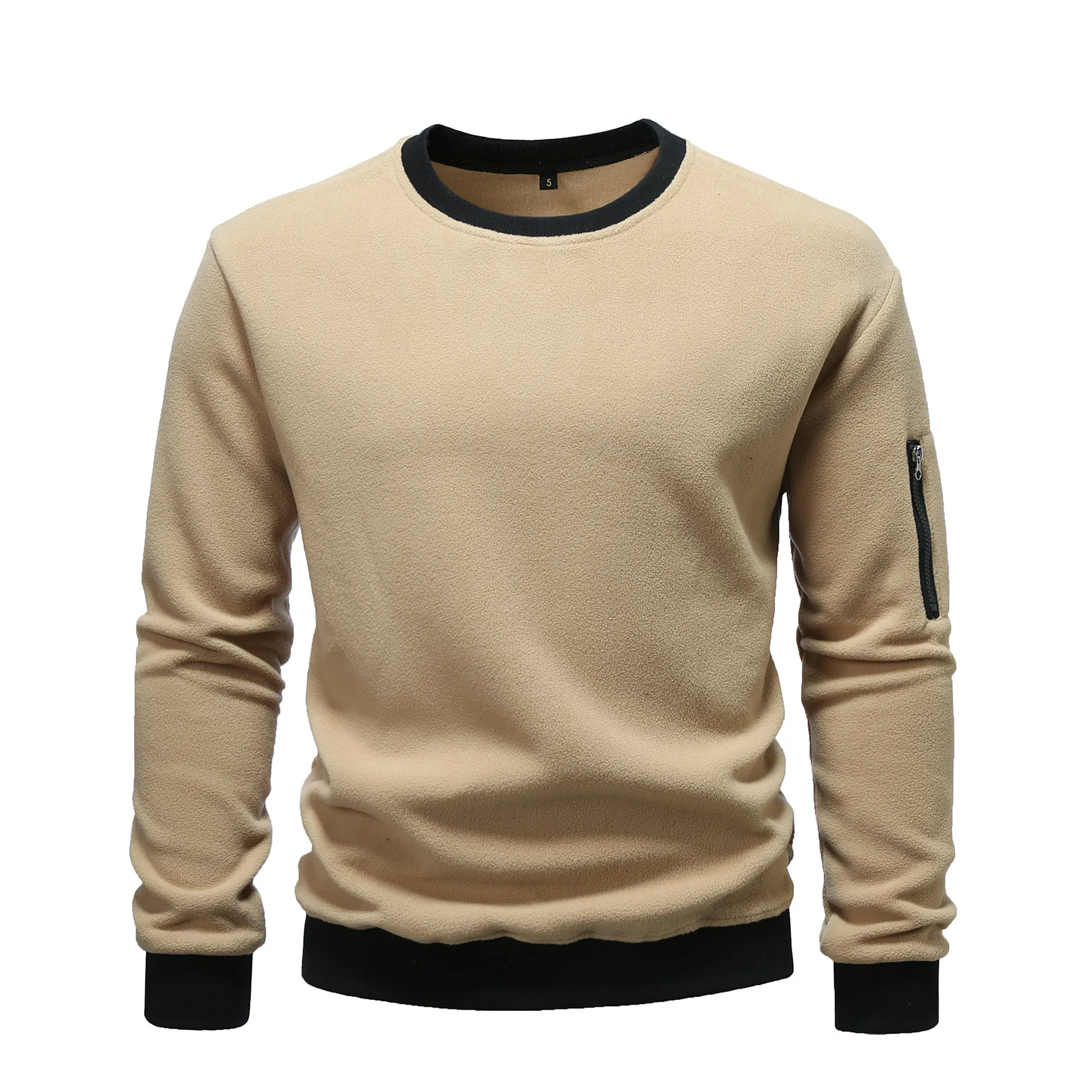 Men's Polar Fleece Crewneck Pullover Sweatshirt European Size Solid Color Tactical Warm Fleece Lined Long Sleeve Top