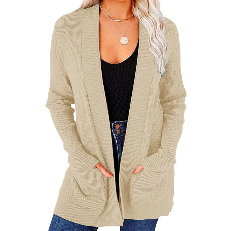 Dames Acryl Gebreid Vest Effen Kleur Open Voorkant Trui Met Zakken Halflang Casual Lange Mouw Top