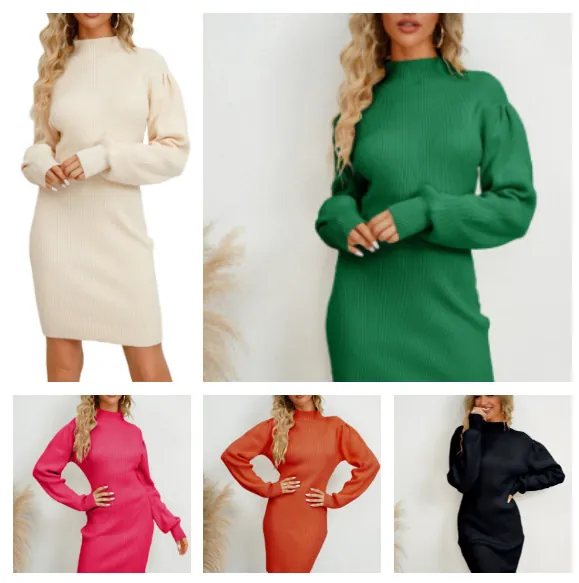Women Mock Neck Lantern Sleeve Ribbed Knit Dress Solid Color Slim Fit Bodycon Midi Dress For Autumn Winter Commute