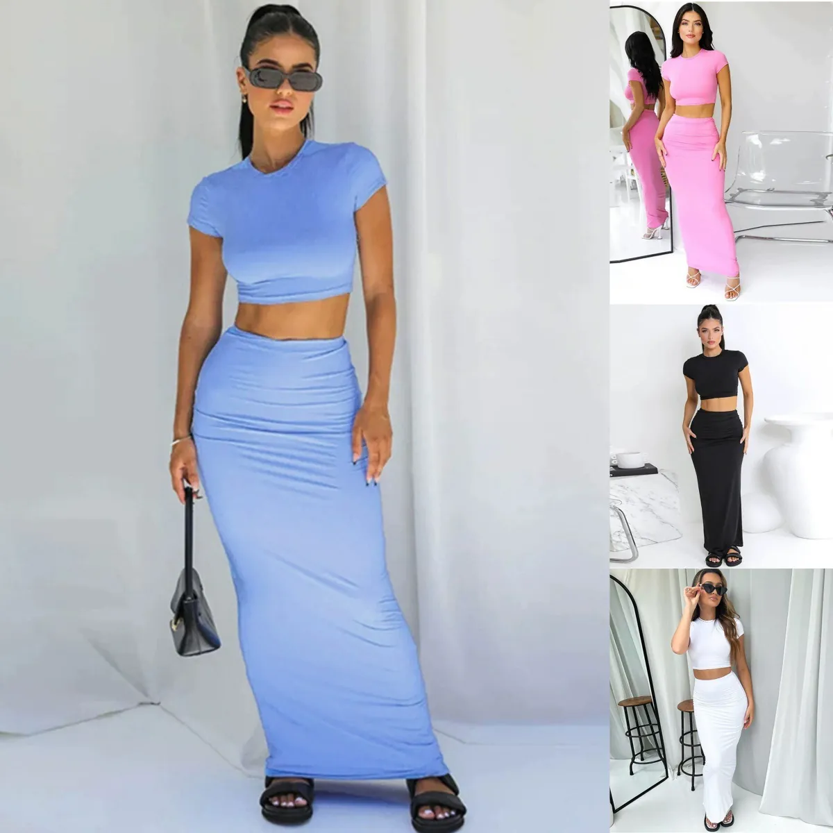 Damen Sommer Lässig Zweiteiler Rock Set Kurzarm Crop Top Und Hohe Taille Körperbetont Maxirock Einfarbig Gestrickte Outfits