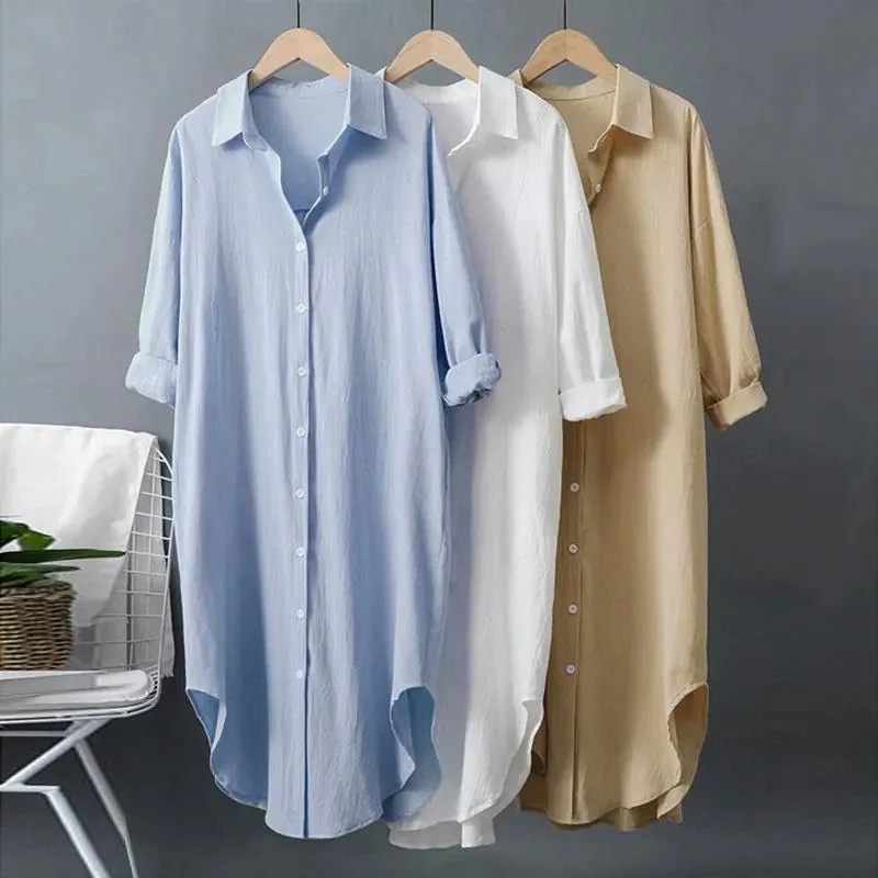 Chemise Blanche en Coton et Lin Décontractée pour Femmes Blouse Longue à Manches Longues Coupe Large Style Vintage Couleur Unie