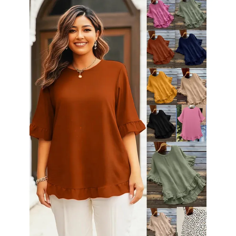 Dames Casual Polyester Ruffle Blouse Ronde Hals Uitlopende Mouw High-Low Top Effen Losse Mode Zomer Shirt