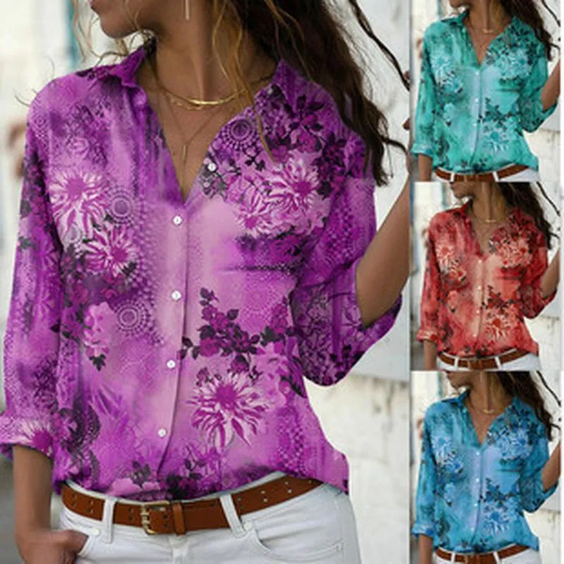 Women Floral Print Long Sleeve V Neck Shirt Button Down Blouse Top Vintage Mandala Pattern Polyester Office Casual Shirt