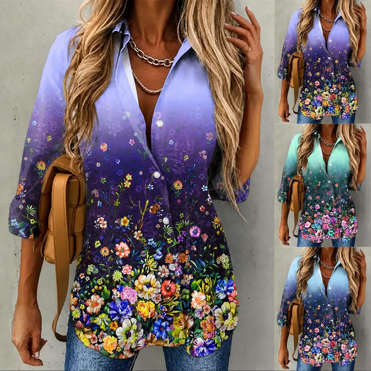 Women Floral Print Gradient Shirt Loose Long Sleeve Lapel Button Down Polyester Casual Blouse Top Streetwear Fashion Clothing