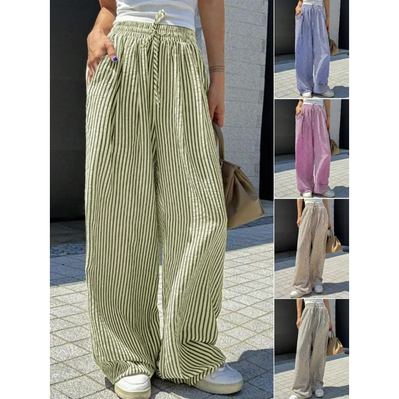 Damen High Waisted Gestreifte Hose Mit Geradem Bein Lockere Passform Kordelzug Lässige Weite Hose Mit Taschen Mode Bottom