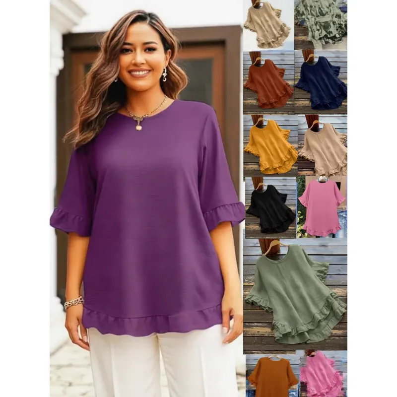 Plus Size Women Pleated Top Lotus Leaf Edge High Low Hem Round Neck Short Lantern Sleeve Pullover Blouse Soft Polyester Top
