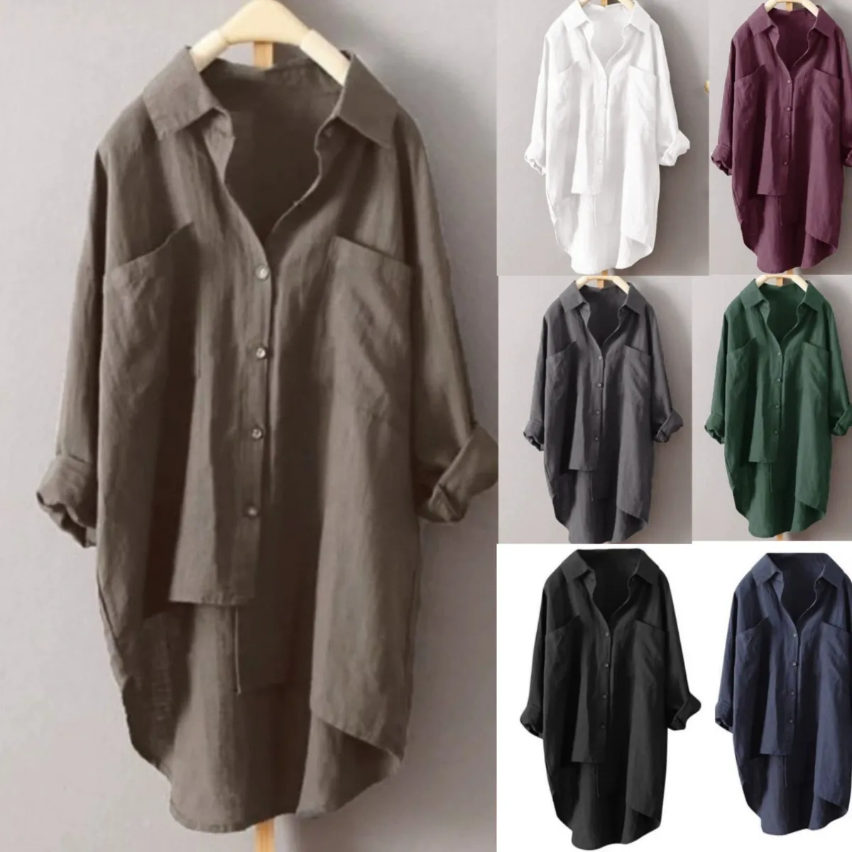 Chemise Casual Femme en Coton et Lin Blouse Vintage Couleur Unie Manches Longues Boutonnage Simple Haut à Ourlet Irrégulier