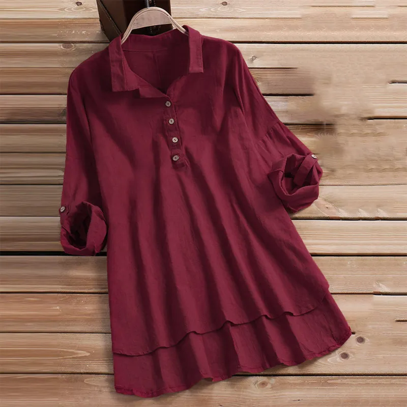 Femmes Rétro Décontracté Lin de Coton Faux Deux Pièces Chemise Couleur Unie Manches Longues Revers Blouse Haut Avec Poches