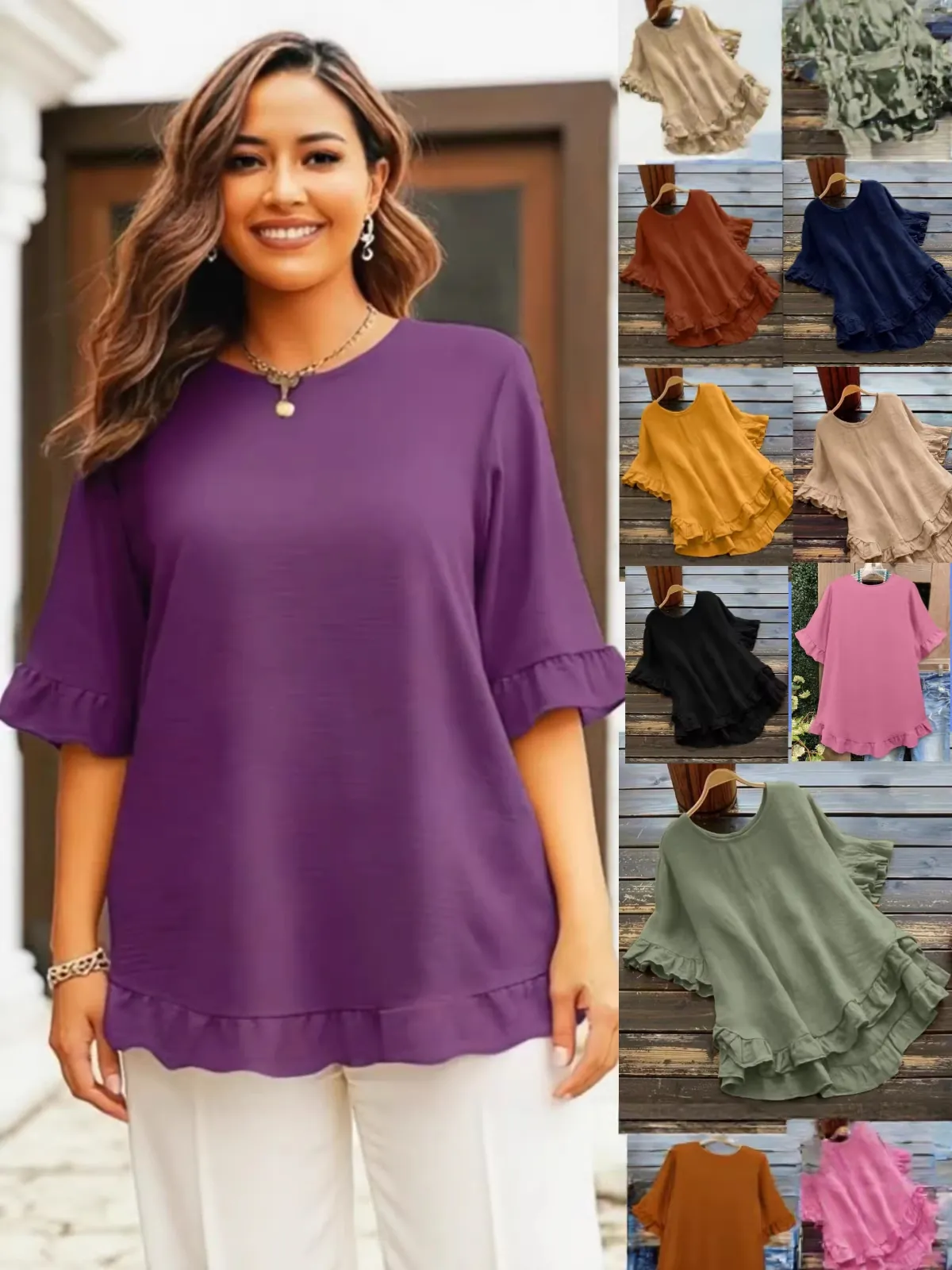 Women Plus Size Ruffle Hem Blouse Short Butterfly Flare Sleeve Round Neck High Low Tunic Top Solid Color Pleated T-Shirt