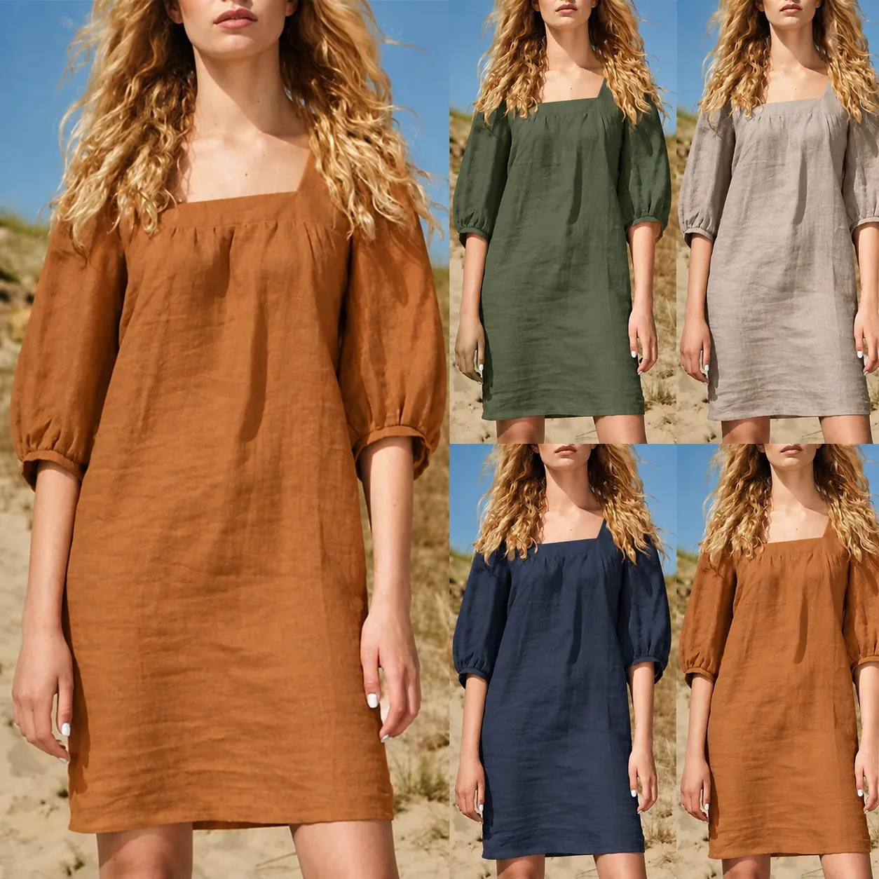 Robe en Coton et Lin à Col Carré Français Manches Bouffantes Robe Midi Décontractée et Ample pour Femmes Couleur Unie Vintage