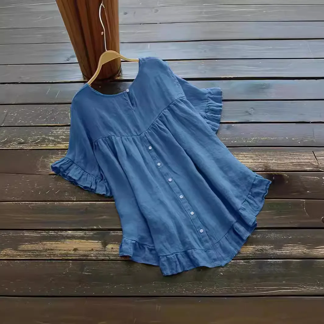 Chemisier Femme Été Manches Courtes Mélange Coton Ramie Col Rond Bouton Ourlet Volanté Décontracté Couleur Unie Haut Ample