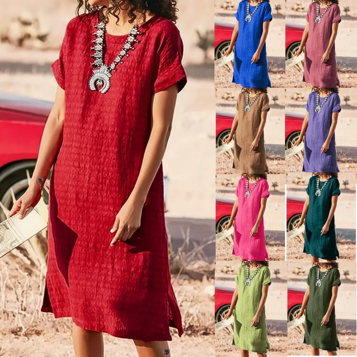 Women's Casual Short Sleeve Midi Dress Round Neck Solid Color Polyester Side Slit Dress For Travel Daily Wear Elegant Dress