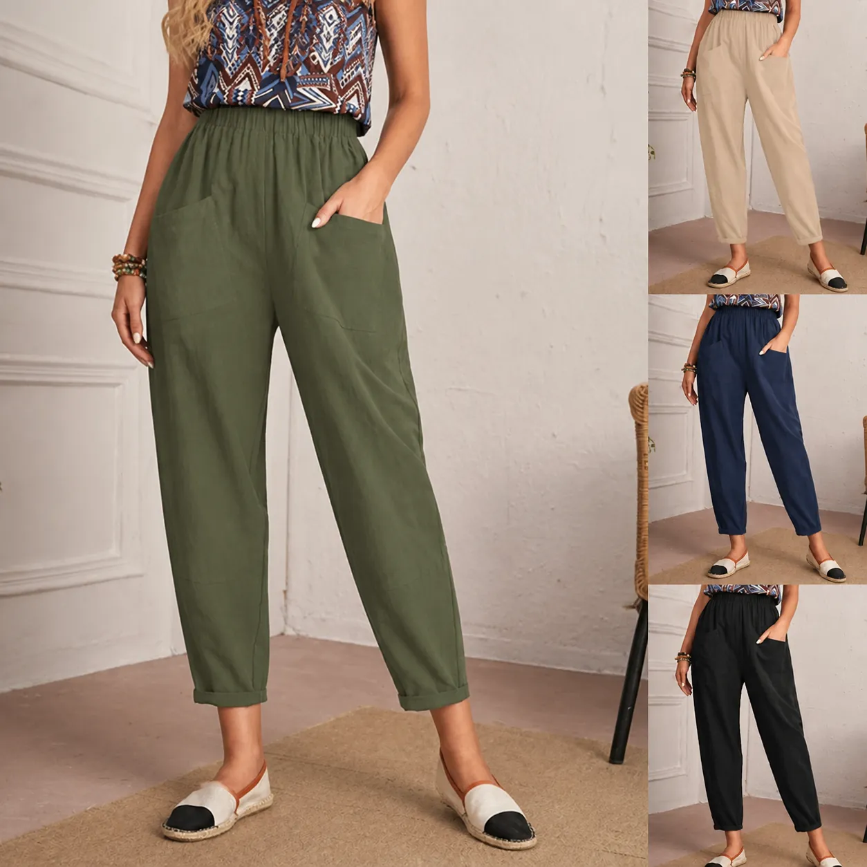 Γυναικείο Casual Βαμβακερό Λινό Παντελόνι Cropped Ελαστική Μέση Tapered Παντελόνι Με Τσέπες Χαλαρό Άνετο Καθημερινό Bottoms