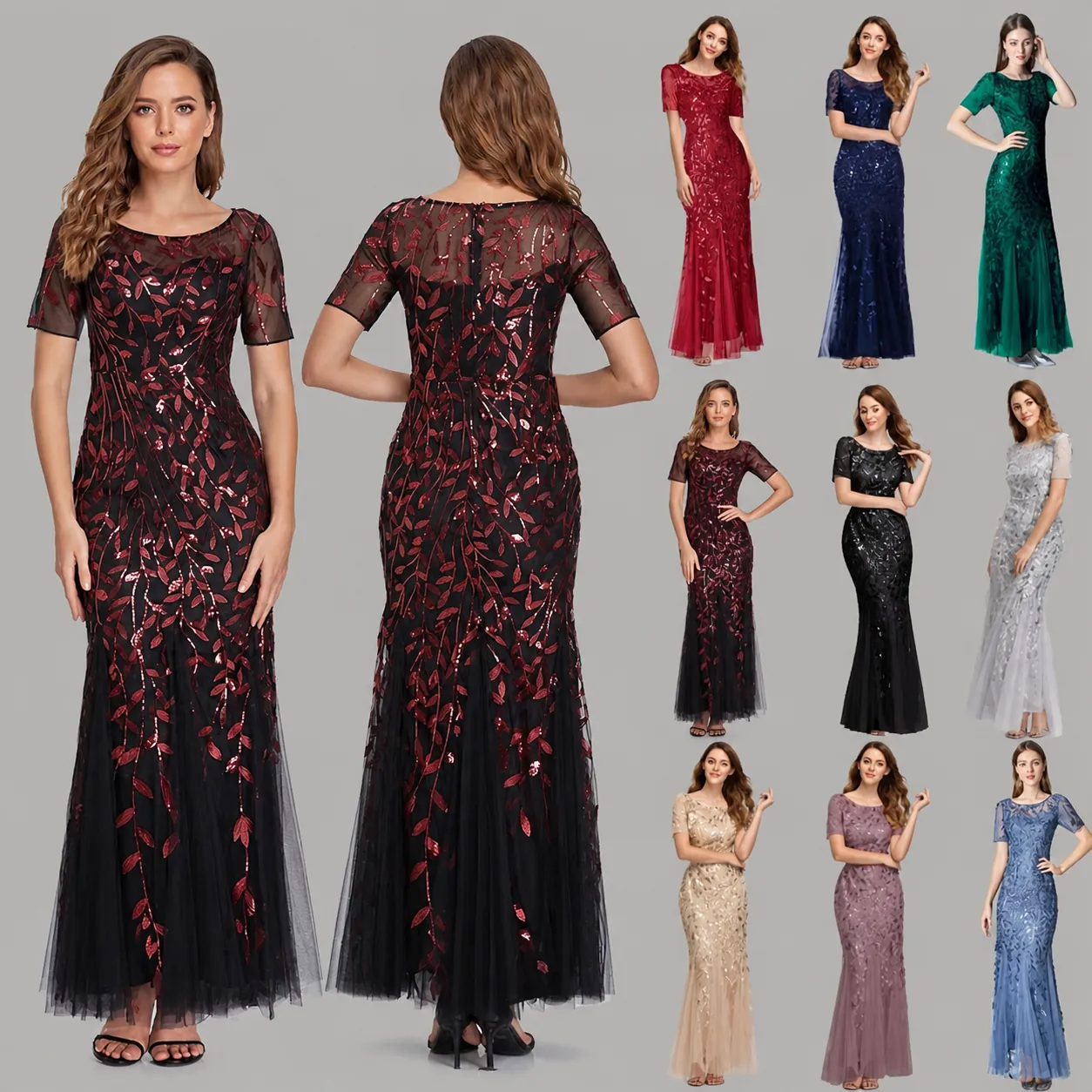 Damen Elegant Netz Pailletten Meerjungfrau Abendkleid Slim Fit Bestickt Blumig Kurzarm Bankett Party Maxi Gown