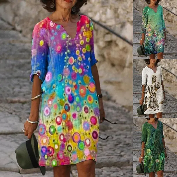 Damen Casual V-Ausschnitt Midi-Kleid Halber Ärmel Blumen Punktmuster Böhmisch Polyester A-Linie Kleid Für Sommer Urlaub