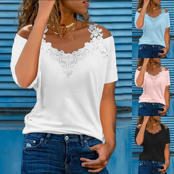 Women Casual V Neck Lace Patchwork Cold Shoulder T-Shirt Loose Short Sleeve Polyester Summer Fashion Top