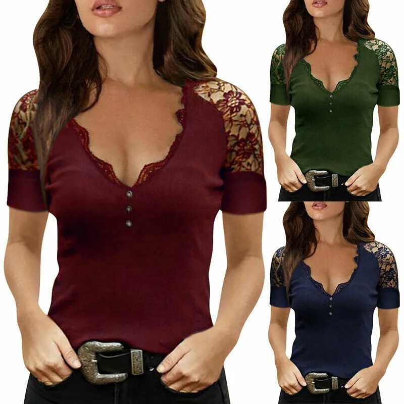 Maglietta da Donna Sexy con Scollo a V Profondo Patchwork in Pizzo Vestibilità Aderente Top a Maniche Corte Tinta Unita Casual Moda Estiva
