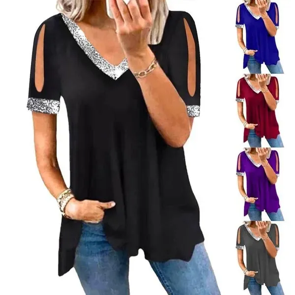Damen Casual V-Ausschnitt Kalte Schulter T-Shirt Mit Pailletten Kurzarm Einfarbig Polyester Top Übergröße Sommer Kleidung