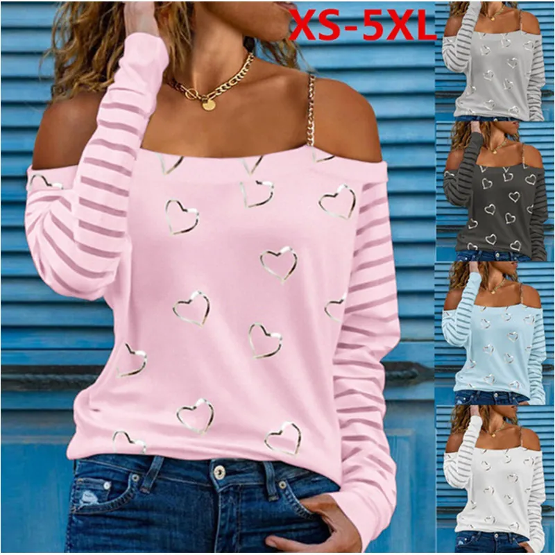 Maglietta a Maniche Lunghe con Stampa a Cuore Slim Fit da Donna Spalle Scoperte con Tracolla a Catena in Metallo Top in Poliestere