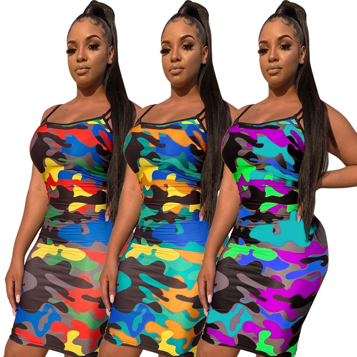 Women Sexy Camouflage Bodycon Strap Dress Slim Fit Sleeveless Mini Pencil Dress Digital Printed Summer Streetwear Party Dress