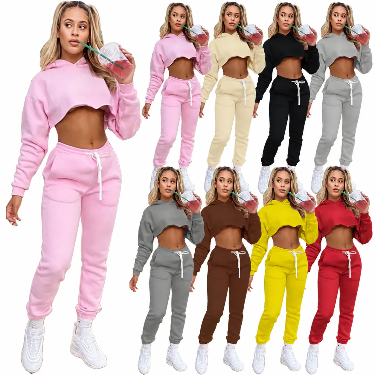 Women Casual Fleece Lined Two Piece Set Cropped Hoodie And Joggers Tracksuit Solid Color Autumn Winter Warm Sports Suit Streetwear Outfit