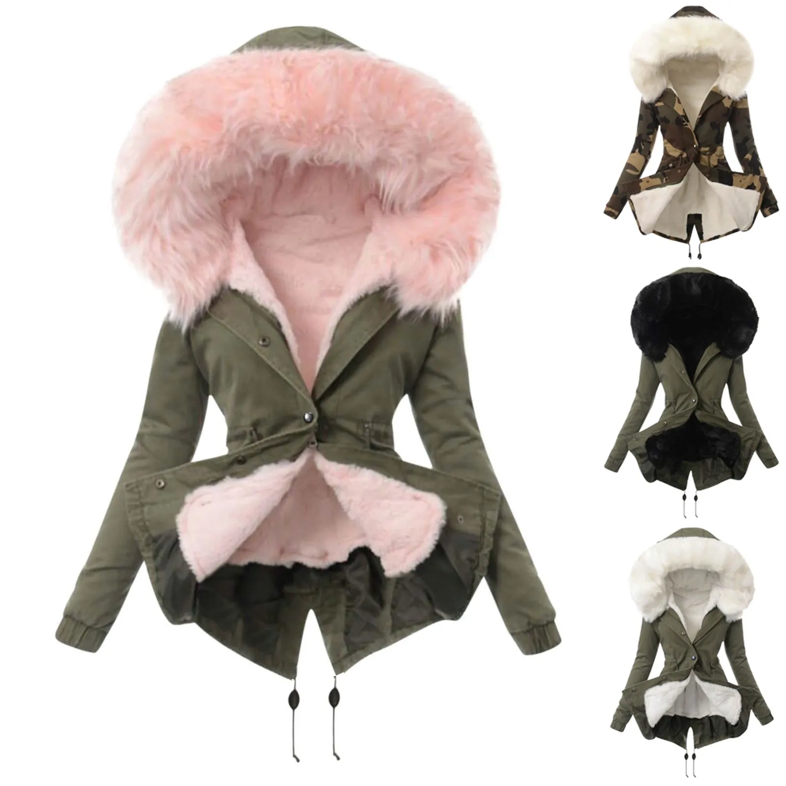 Women Winter Warm Faux Fur Collar Padded Coat Slim Fit Hooded Parka Long Sleeve Camouflage Outerwear Jacket W181