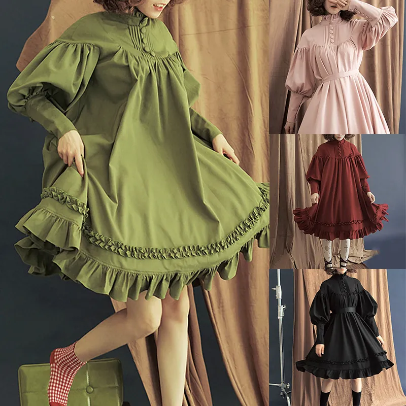 Women Japanese Lolita Maid Dress Cotton Long Sleeve Lantern Sleeve Ruffle Lace Button Decor Retro Loose Cosplay Dress