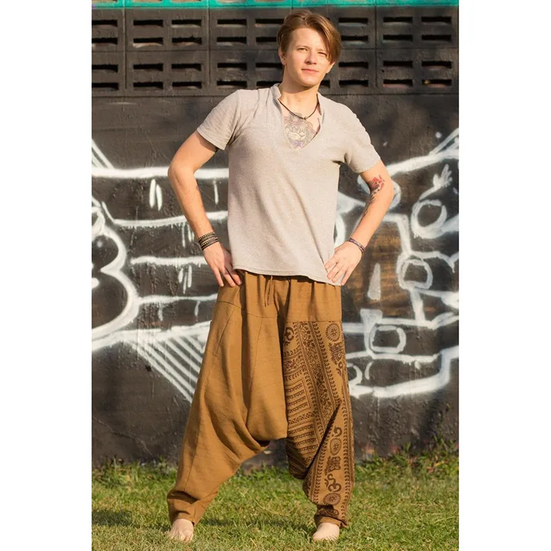 Men Casual Harem Pants Vintage Ethnic Printed Cotton Blend Loose Drop Crotch Joggers Bottom Boho Mandala Graphic Trousers