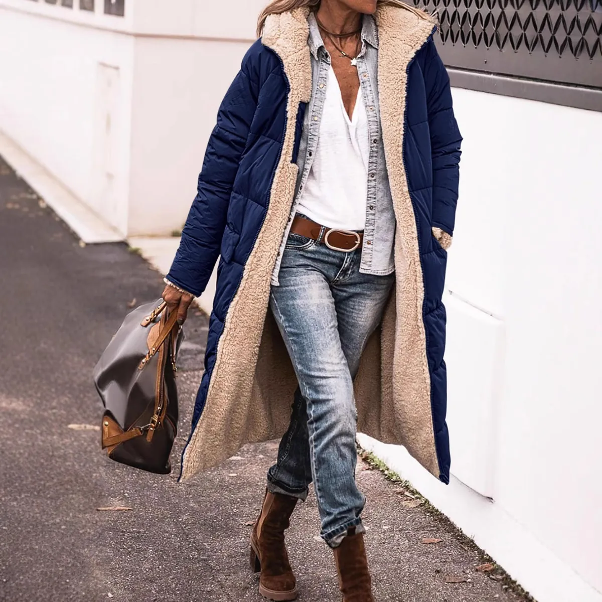 Damen Wendbar Wattierter Mantel Mit Kapuze Gesteppt Sherpa-Futter Lange Jacke Winter Warm Polyester Slim Fit Puffer Parka Top