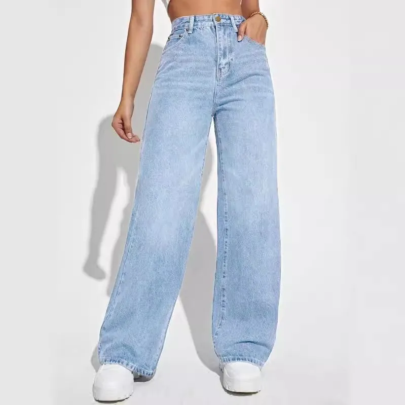 Women High Waist Straight Leg Jeans Washed Denim Cotton Trousers Casual Slimming Wide Leg Long Pants For Commuting Women