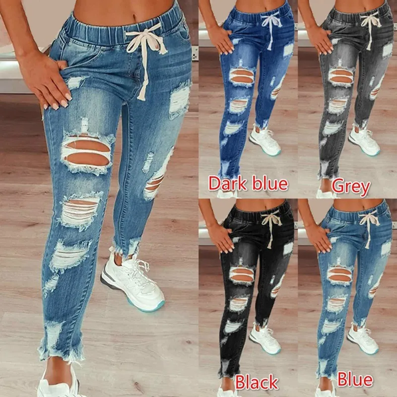 Jeans en Denim Déchiré à Taille Haute pour Femmes Cordon de Serrage Élastique Pantalon Crayon Skinny Délavé Ourlet Effiloché Pantalon Décontracté Couleur Unie