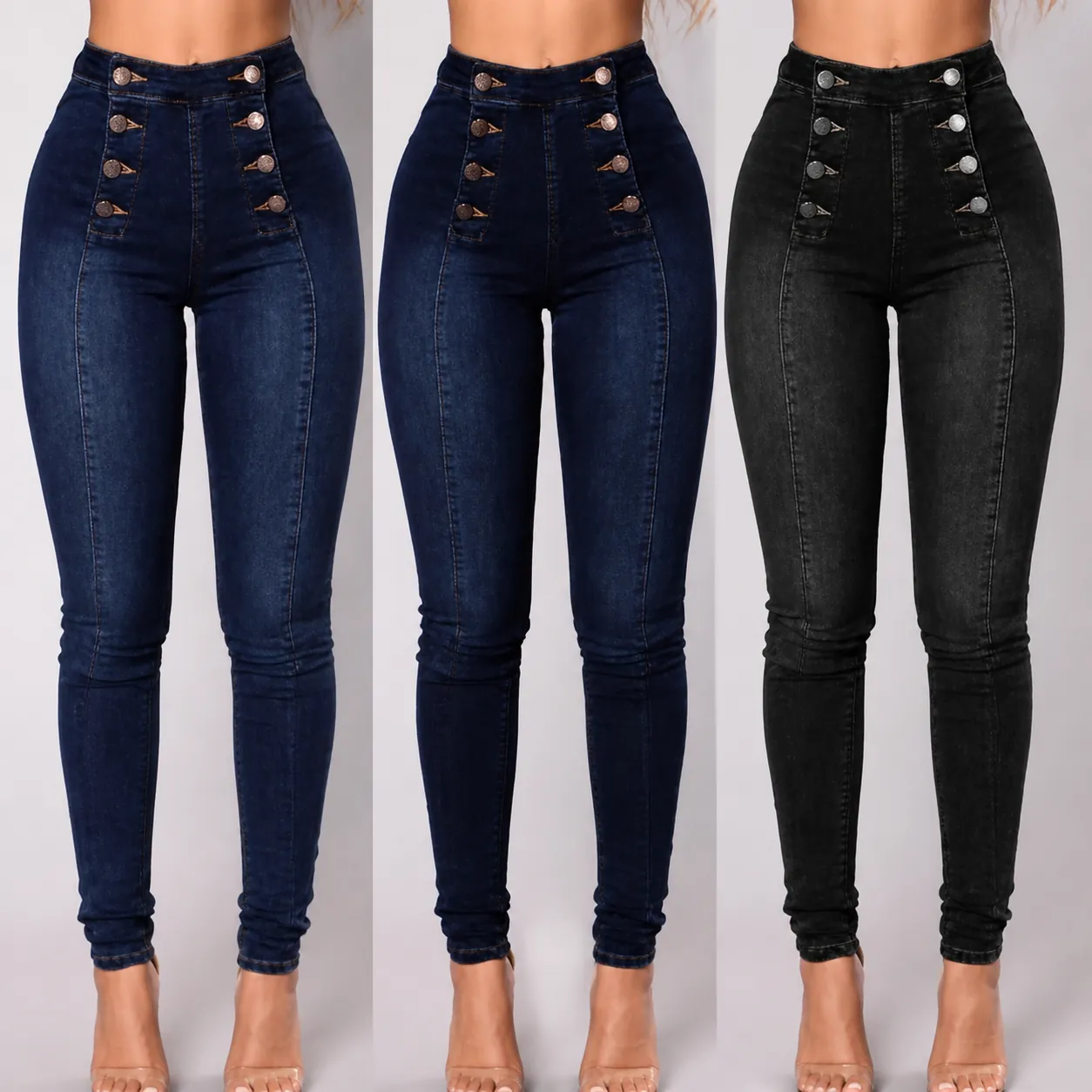 Damen High Waist Skinny Jeans Zweireihig Knopf Schmale Passform Stretch Denim Bleistifthose Einfarbig Lässige Hose