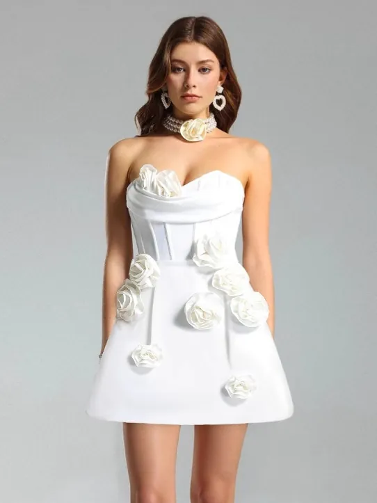 Elegant Women 3D Floral Decoration Strapless Bandage Dress Sexy Slim Fit Short Party Wedding Evening Dress