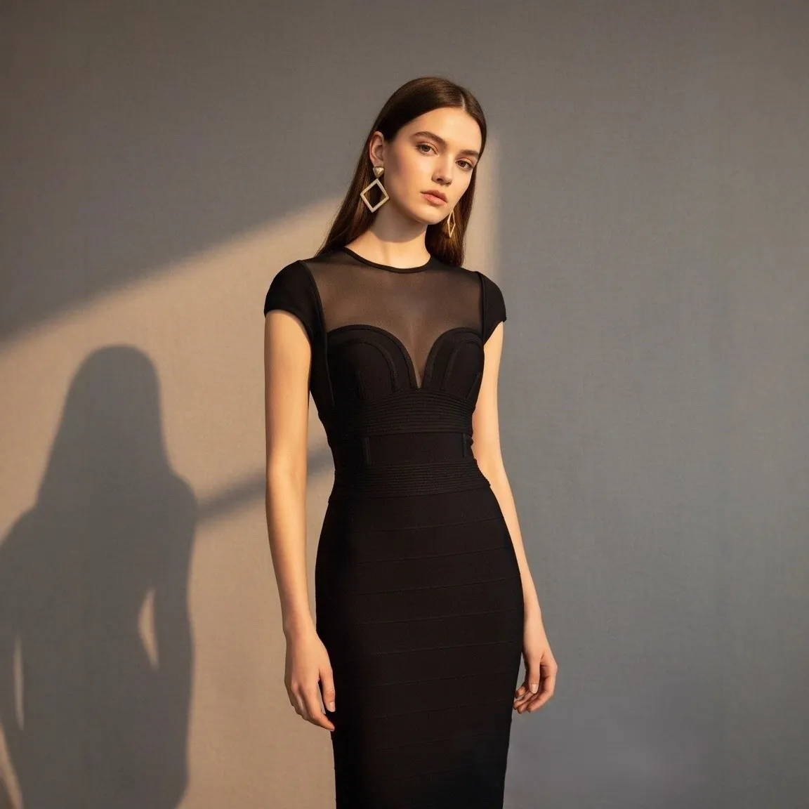 Vestido de Bandaje Sexy para Mujer Costura de Malla Elegante Estilo Hepburn Cintura Alta Ajustado Lápiz Vestido Midi Fiesta