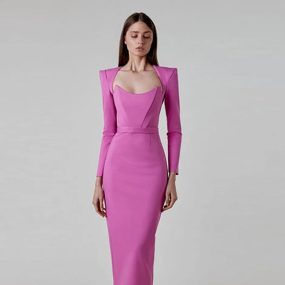 Hepburn Style Square Neck Shoulder Pad Long Sleeve Bodycon Bandage Midi Dress For Women Elegant Slimming Patchwork Party Dress