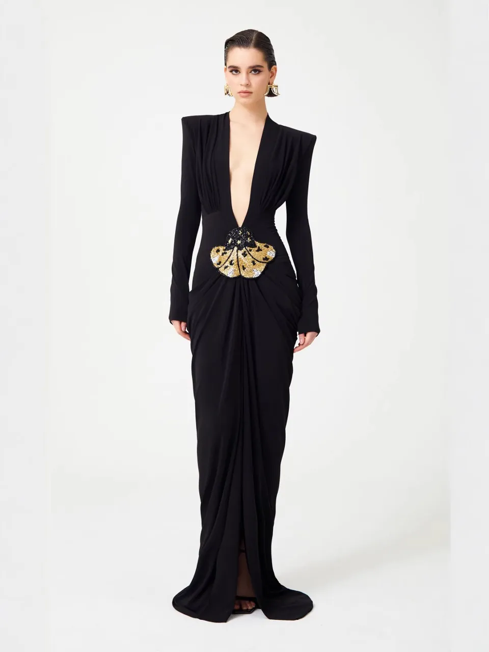 Women Elegant Deep V Neck Long Sleeve Maxi Dress With Metal Insect Buckle Shoulder Pads Bodycon Mermaid Evening Gown