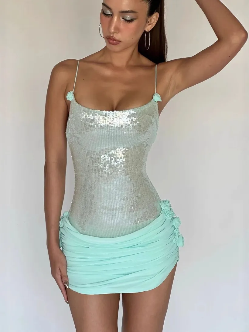 Sexy Pailletten Mesh Mini Jurk Voor Dames Met 3D Bloem Decoratie Geplooid Bodycon Feestjurk Top And Bottom