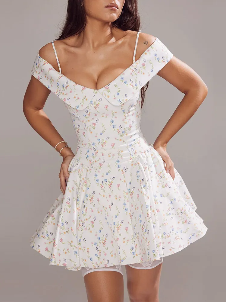 Women Sexy Off-Shoulder Floral Mini Dress Elegant Polyester Puffy A-Line Party Dress For Summer Wedding Guest Banquet